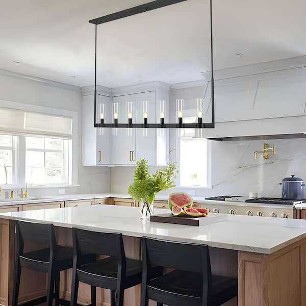 7-Lights 55 in. Dimmable Black Kitchen Island Linear Chandelier with Glass Shade, for Foyer Living Room (Bulbs Included)