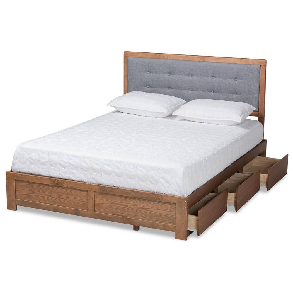 Ash Walnut King Upholstered Storage Bed with Tufted Headboard