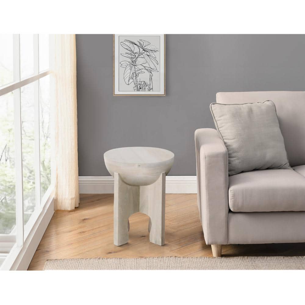 Washed White Mango Wood Round Side End Table, 20" Height