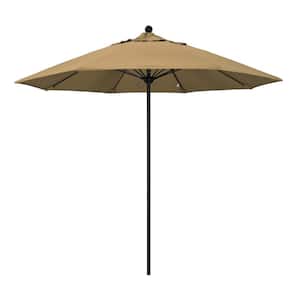 9 ft. Black Aluminum Commercial Market Patio Umbrella with Fiberglass Ribs and Push Lift in Straw Olefin
