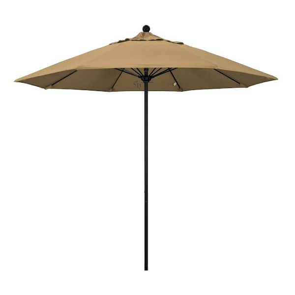 California Umbrella 9 ft. Black Aluminum Commercial Market Patio Umbrella with Fiberglass Ribs and Push Lift in Straw Olefin