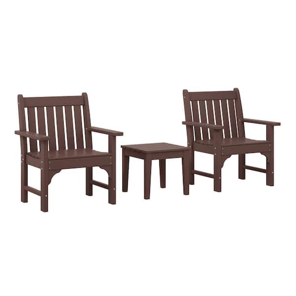 Laguna Outdoor Patio HDPE All Weather Fade Resistant Dark Brown 3-Piece Garden Arm Chairs with Side Table Lounge Set