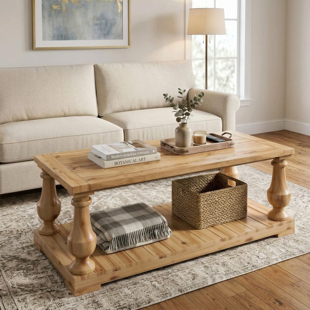 Farmhouse 42 in. Natural Rectangle 100% Solid Pine Wood Coffee Table with Open Shelf, Solid Pine Wood Turned Legs