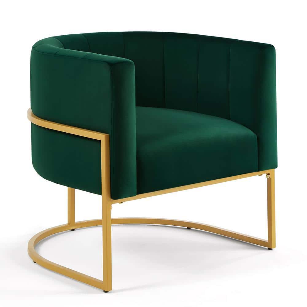 Three-quarter view of an emerald green velvet accent chair with a gold metal stand.