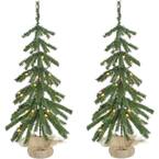 3 ft. Pre-Lit Downswept Farmhouse Fir Artificial Christmas Tree with Burlap Bag and Warm White LED Lights, (Set of 2)