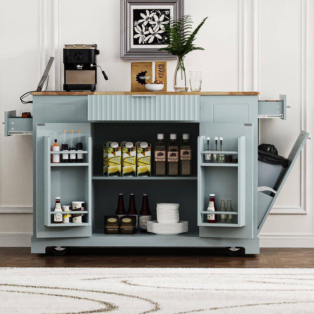JimsMaison 49 in. Blue Grey MDF Kitchen Cart with Trash Can Storage ...