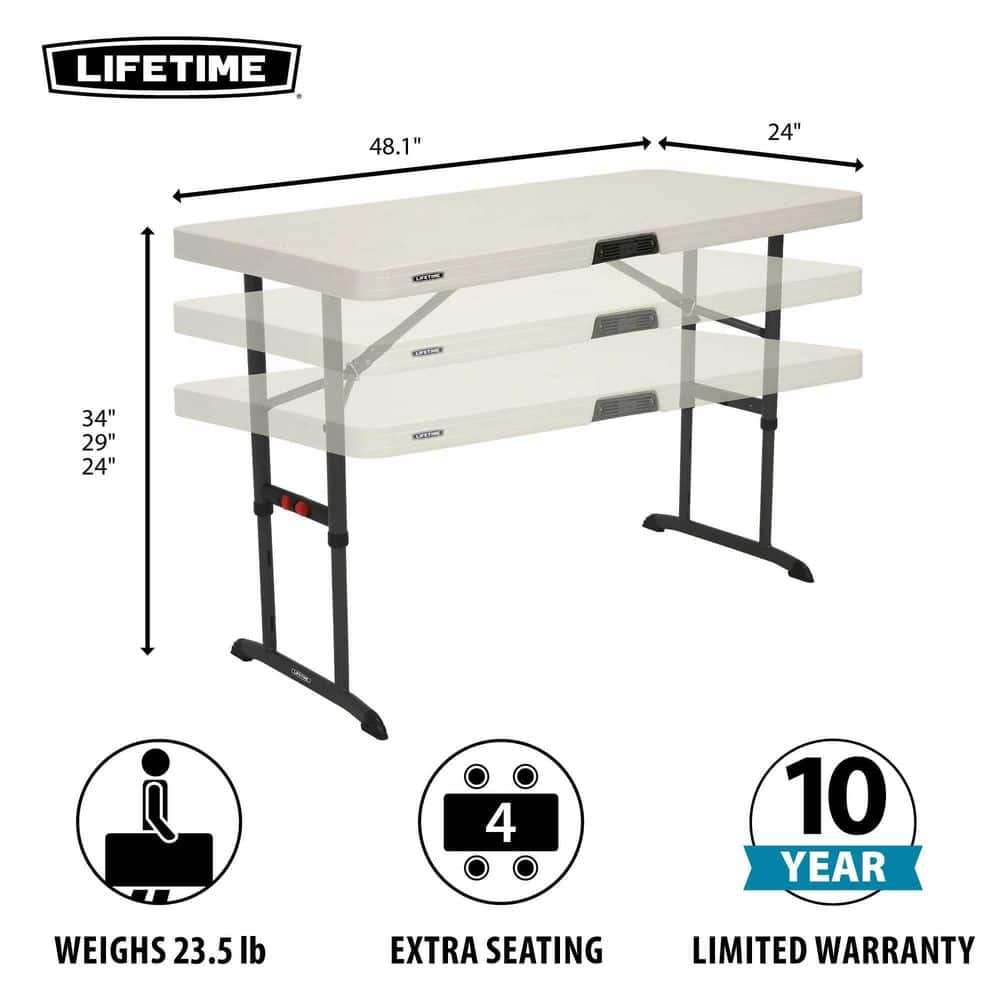 4-Foot Adjustable Height Almond Plastic Folding Table