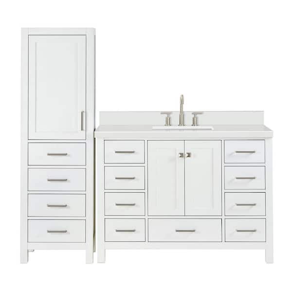 Cambridge 49 in. Single Sink Bath Vanity with Pure White Quartz Top and Linen Cabinet in White