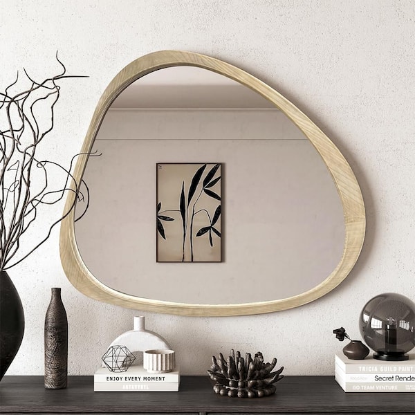 Blisstyle Natural Wood 44.9 in. W x 38.93 in. H Art Deco lrregular Wood Framed Mirror Wall Mirror Wall Decor Mirror