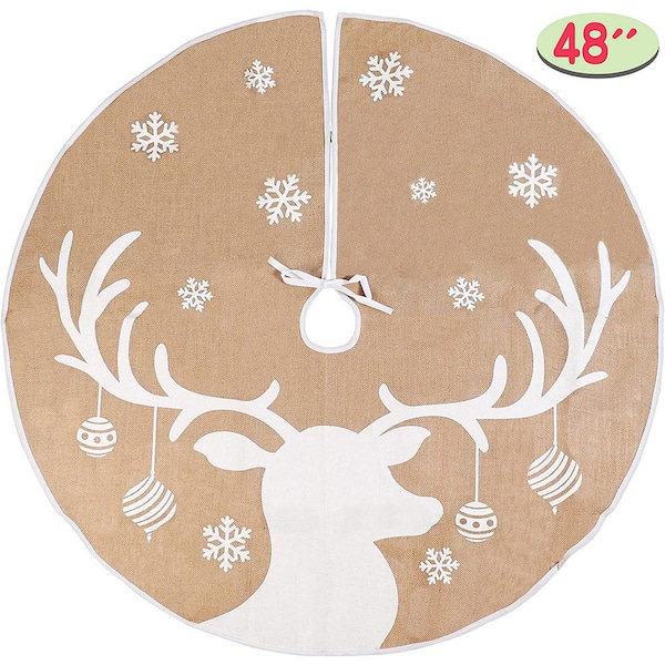 Joyfy Syncfun 48 in. Burlap Christmas Tree Skirt with Reindeer Pattern