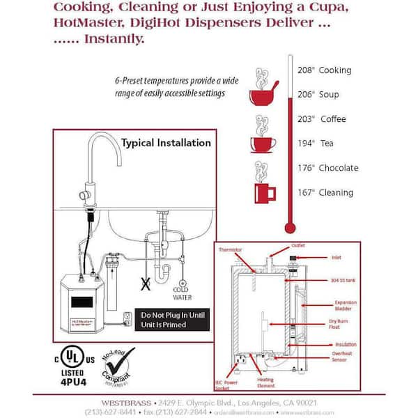 Westbrass 9 in. 1-Handle Hot Water Dispenser Faucet with HotMaster Digital  Tank and In-line Water Filter, Stainless Steel DT1F271-20 - The Home Depot