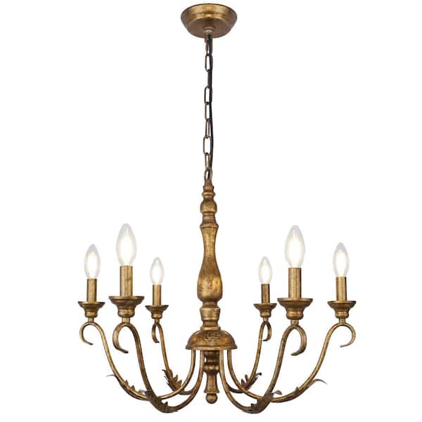 Unbranded 6-Light Distressed Brass Candle Style Farmhouse French Country Chandelier 23.62 in. for Dining Room Bedroom