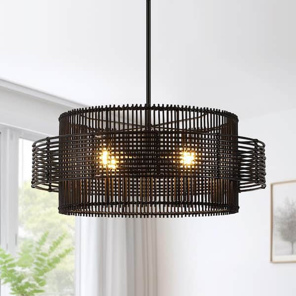TRUE FINE Saturn 22 in. 4-Light Black Modern Bohemian Chandelier with Natural Rattan Shade