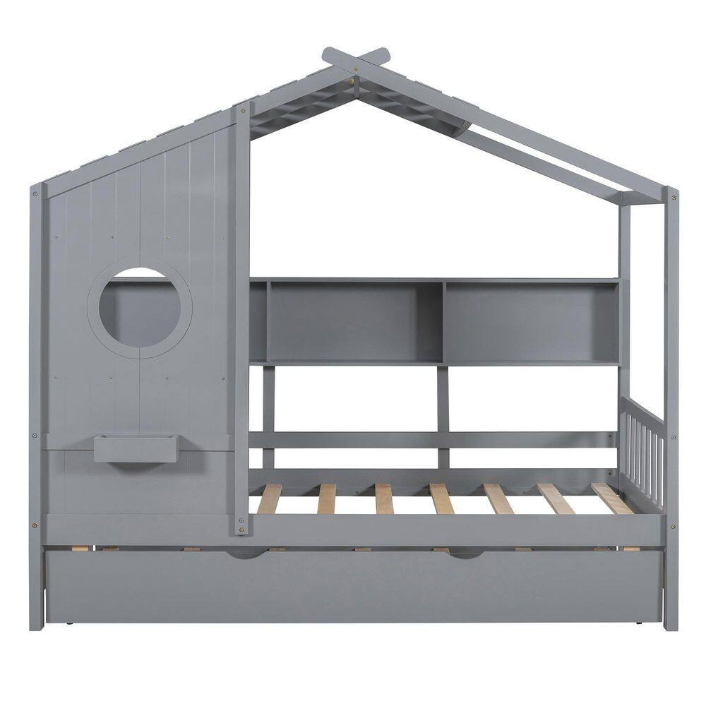 Gray Wood Frame Full Size Platform Bed with Trundle, Storage Shlef - thumbnail 3