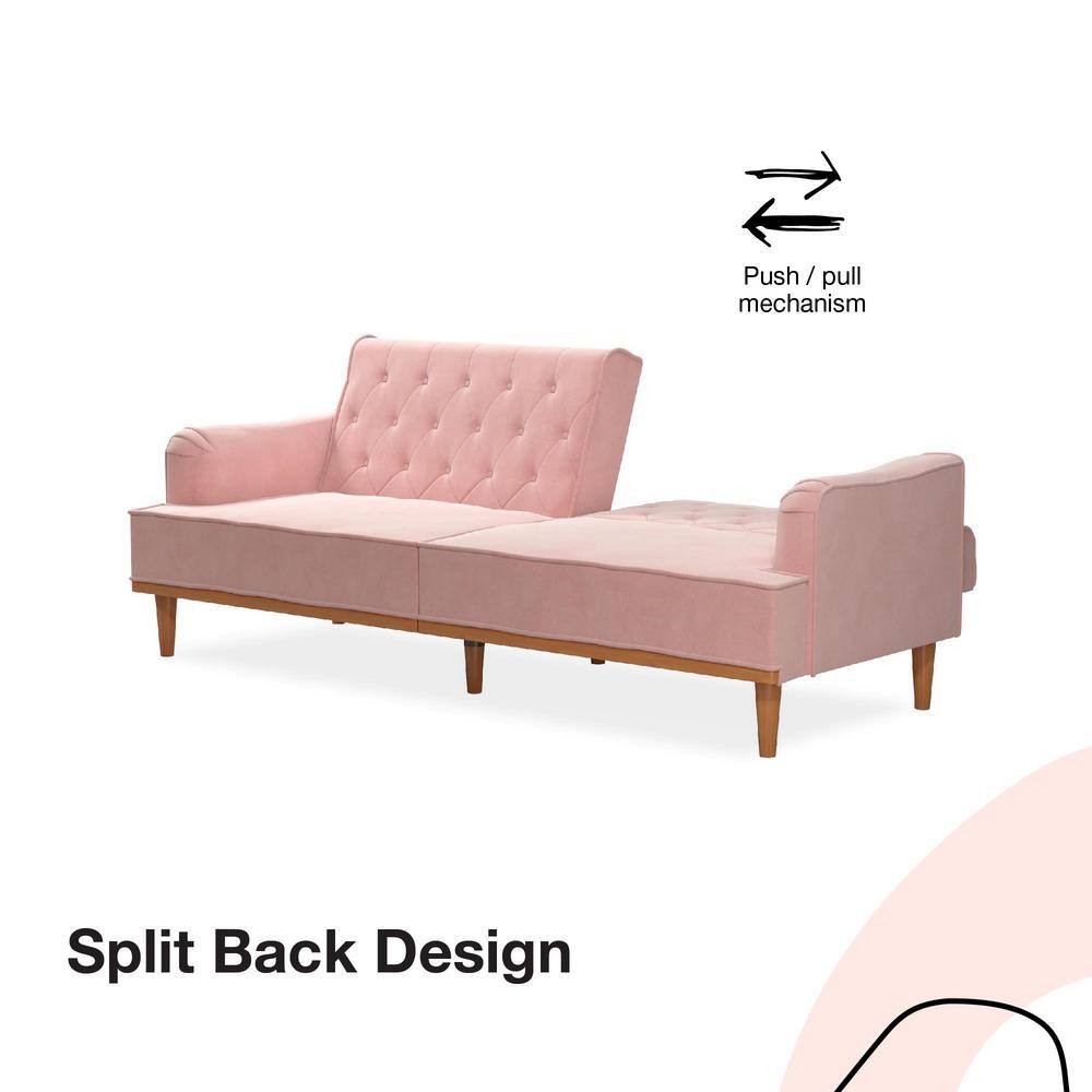 Stella Vintage Pink Velvet Convertible Sofa Bed with Wood Trim