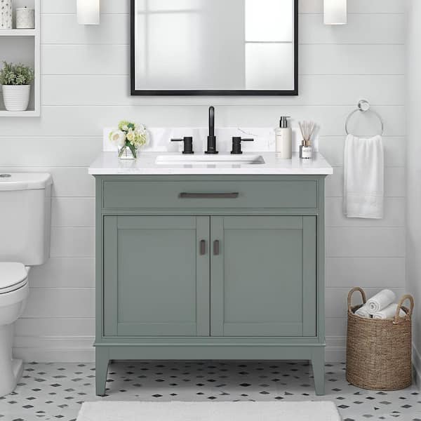 Madison 37 in. Single Sink Smoke Green Bath Vanity with Cala White Engineered Stone Top