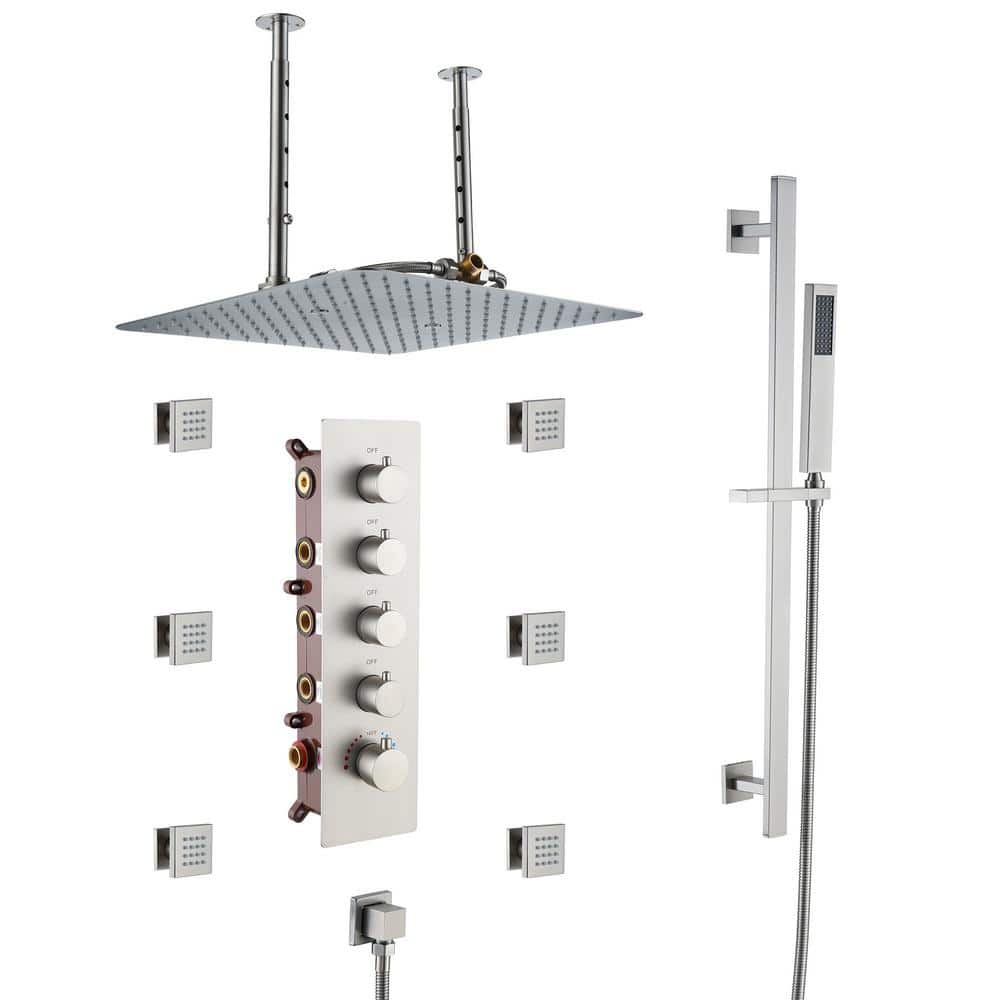 Mondawe Multiple 2.5 GPM 15-Spray Patterns 16 in. Ceilling Mount Rainfall Dual Shower Heads with 6-Jet, Valve in Brushed Nickel
