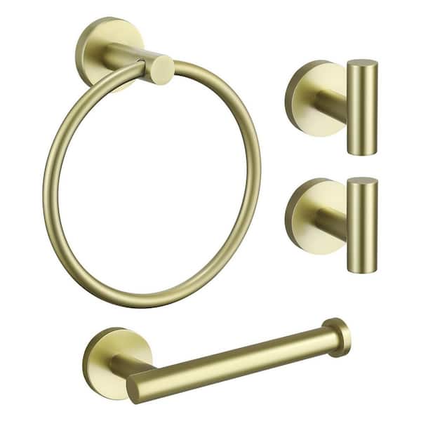 4-Piece Bath Hardware Set With Robe Towel Hooks Towel Ring Toilet Paper Holder Modern Accessories Kit in Brushed Gold