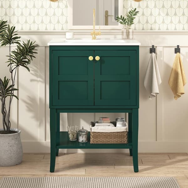 Staykiwi 24 in. W x 18 in. D x 34 in. H Single Sink Freestanding Bath Vanity in Green with White Cultured Marble Top