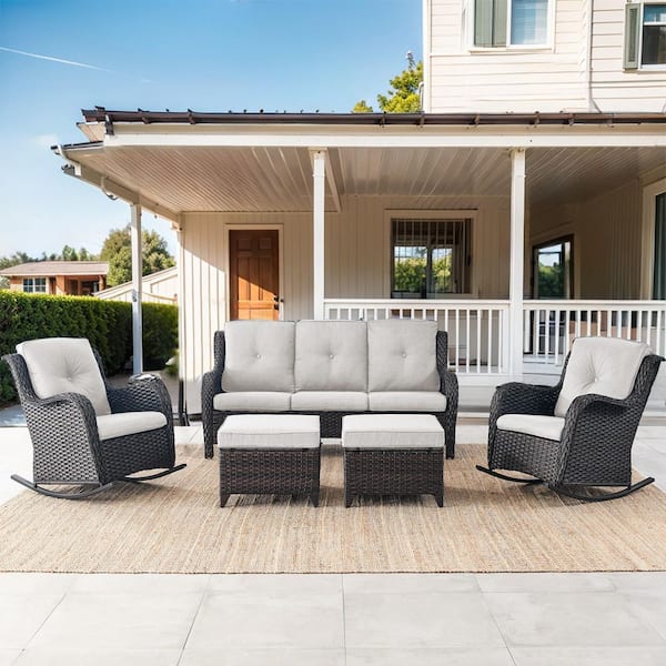 Carlos 5-Piece Brown Wicker Patio Conversation Set 3-Seat Sofa with Rocking Chairs and Beige Cushions