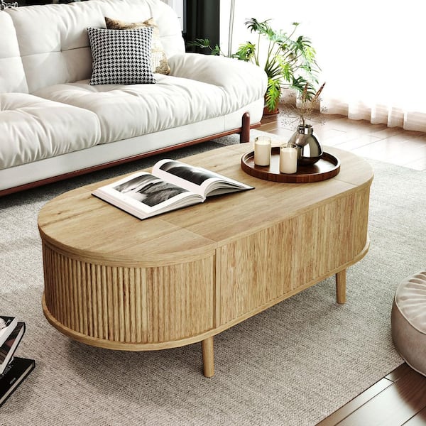 Qirex Country 47.24 in. Natural Wood Wave Grain Finish Oval MDF Lift-Top Coffee Table with Hidden Storage