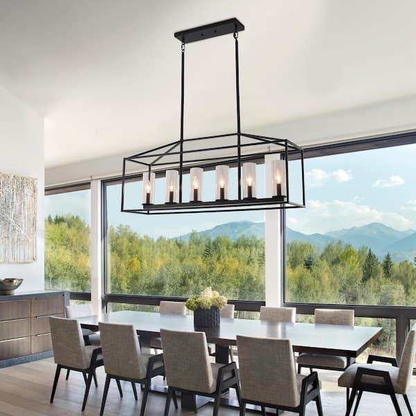 6-Light Black Geometric Candle Design Linear Island Chandelier Lighting with Glass Shade for Kitchen Island