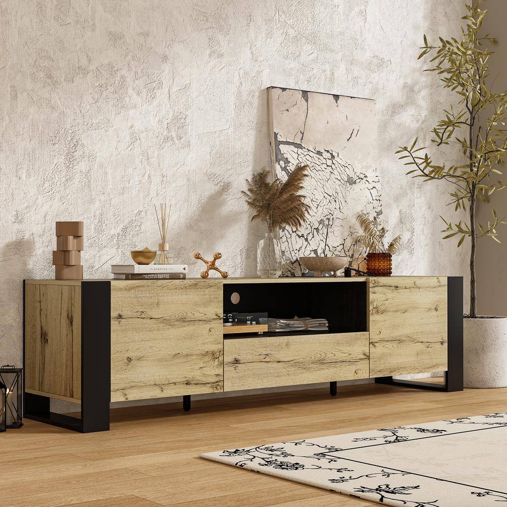 FUFU&GAGA Black and Wood Grain TV Stand Entertainment Center TV Console