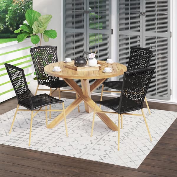 TK CLASSICS 5-Piece Acacia Wood Round Outdoor Dining Set with Black Wicker Chairs