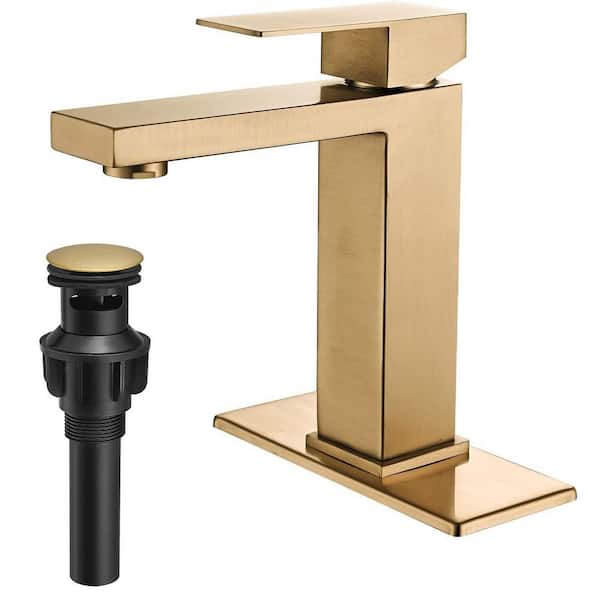 Single Handle Single Hole Bathroom Faucet with Pop-up Drain in Brushed Gold