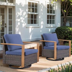 Rectangular Framed Armrest Swivel Brown Wicker Outdoor Rocking Chair with CushionGuard Blue Cushions Patio (Set 2-Pack)