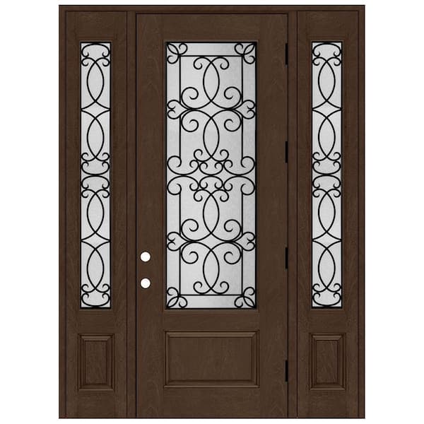 Regency 64 in. x 96 in. 3/4Lite Georgian Decorative Glass LHOS Hickry Mahogny Fiberglass Prehung Front Door w/Dbl12in.SL