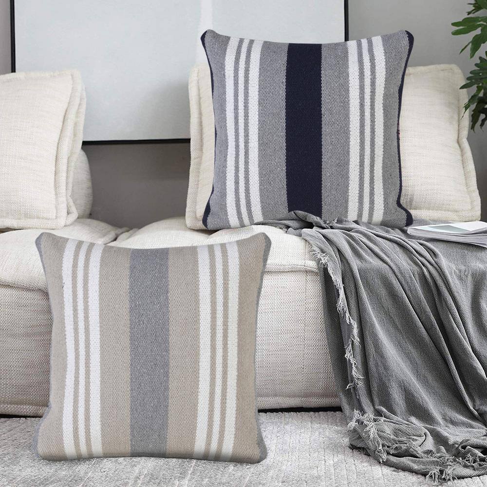 Navy Gray White Cotton Striped Square Throw Pillow