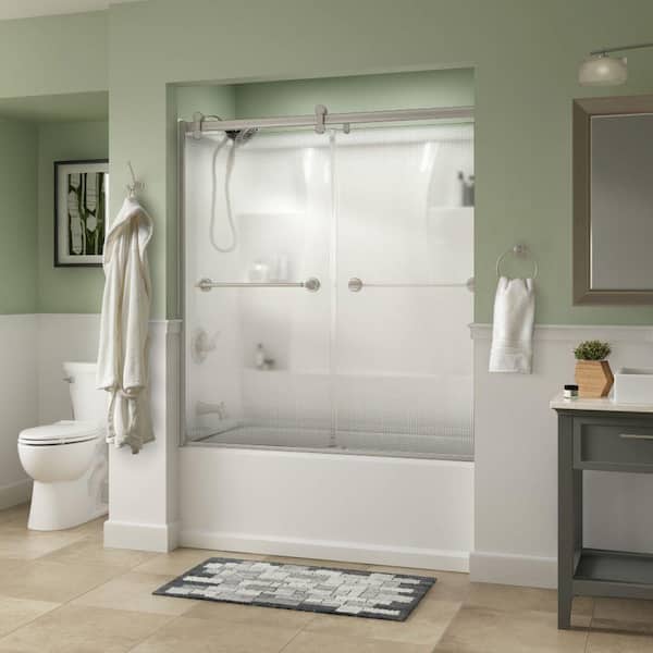 Delta Silverton 60 x 58-3/4 in. Frameless Contemporary Sliding Bathtub Door in Nickel with Droplet Glass