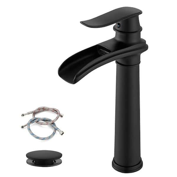 Unbranded Single Handle Waterfall Single Hole Tall Spout Bathroom Vessel Sink Faucet With Pop-Up Drain Assembly in Matte Black