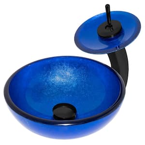 Verdazzurro 12 in. Mini Blue Hand-Foiled Glass Round Vessel Sink Combo with Drain and Faucet in Matte Black