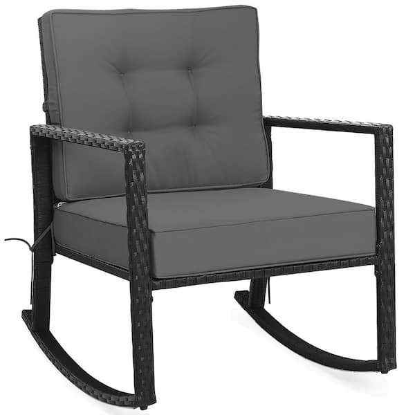 Costway Patio Rattan Rocker Chair Outdoor Glider Rocking Chair Cushion Lawn Grey