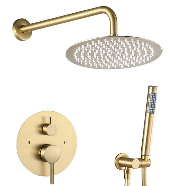 Single Handle 2-Spray Shower Faucet Bathroom Shower Combo Set 2.5 GPM with Adjustable Heads in Brushed Gold