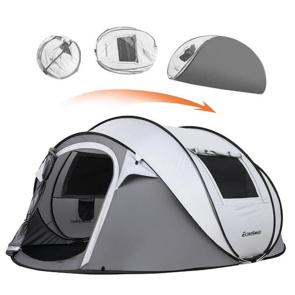 9 ft. x 4 ft. White Gray Pop Up Camping Tent, 4-6 Person Portable Instant Tent with 2 Doors and Mesh Windows