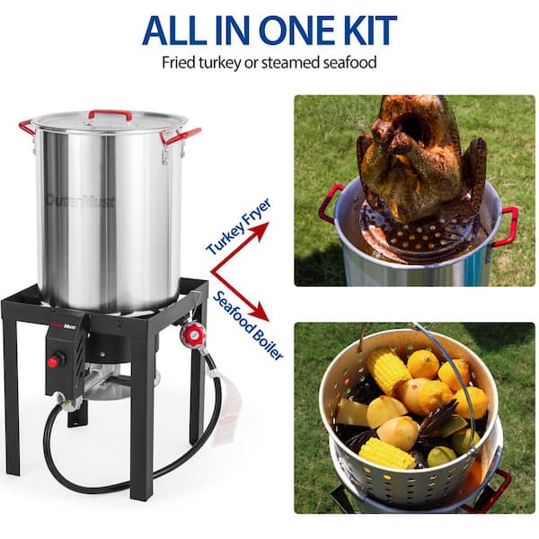 30 qt. Aluminum Turkey Fryer with 50,000 BTU Burner and Inner Basket for Outdoor Cooking Turkey, Seafood, Crawfish