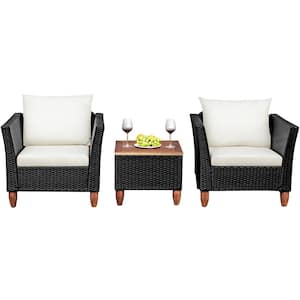 Black 3-Piece Rattan Outdoor Sectional Set with White Cushions