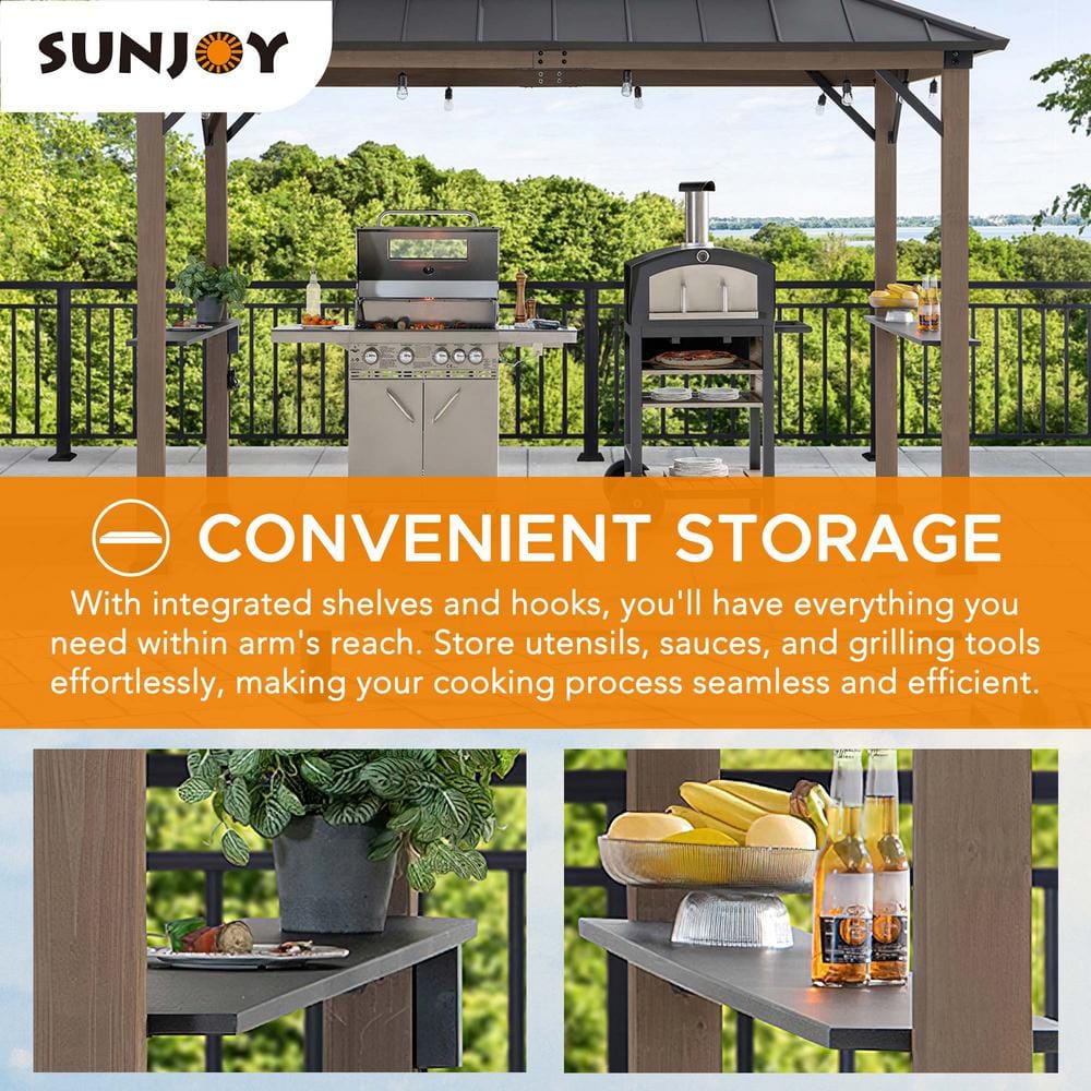 Sunjoy Sunjoy Wooden Grill Gazebo, 9.5 x 11.8 ft. Steel Hardtop Outdoor Gazebo for Year-Round Grilling, 2 Full Size Grills, Griddles or Smokers - Cook Station, Barbeque, Built-in Electrical Outlets
