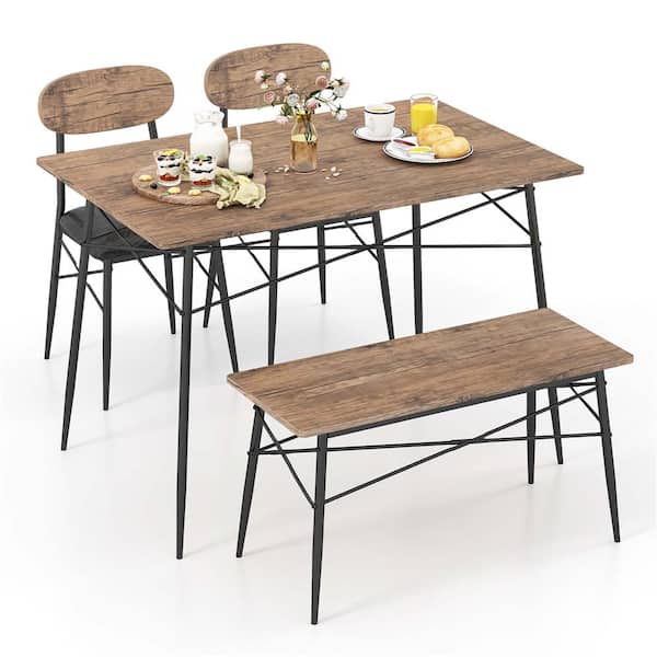 Costway 4-Piece Rectangle Rustic Brown Wood Top Dining Room Set Seats 4 with Bench, 2 Faux Leather Upholstered Chairs