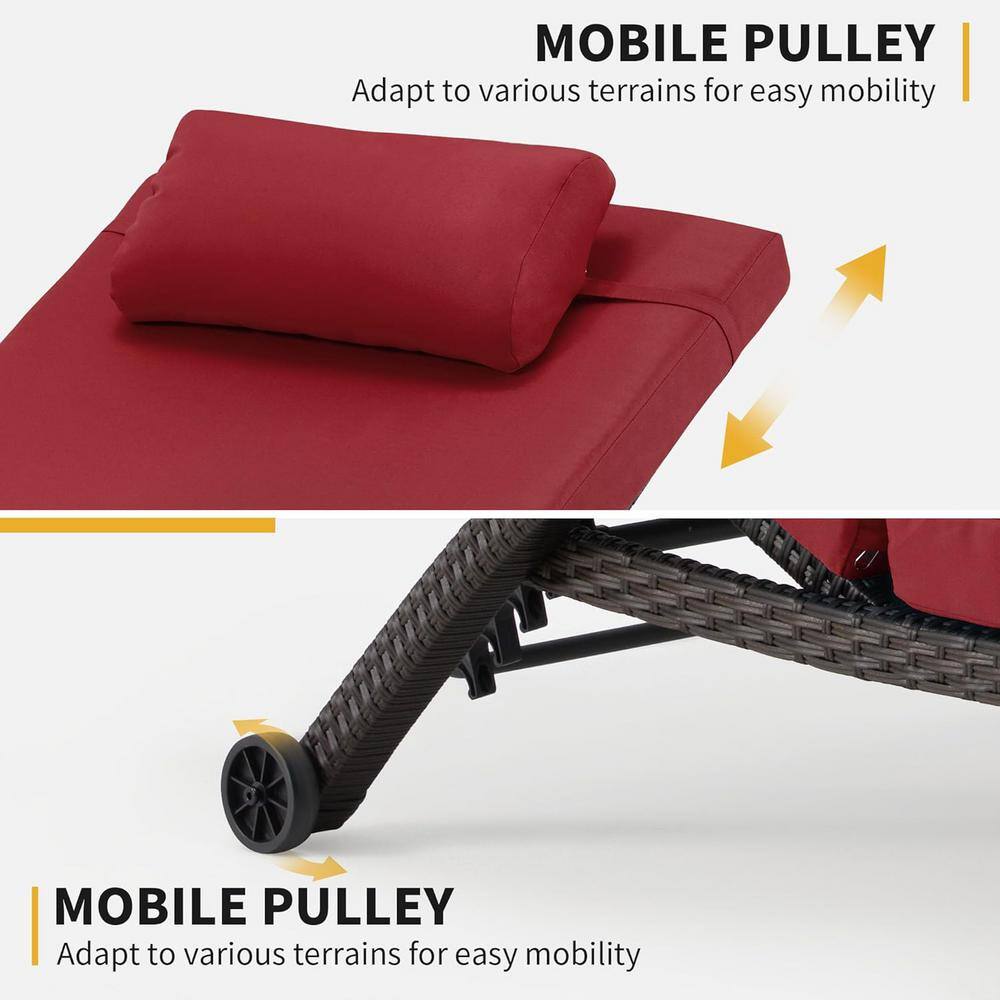 Red and Black Adjustable Wicker Outdoor Chaise Lounge Set