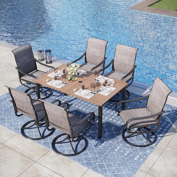 PHI VILLA Black 7-Piece Metal Outdoor Patio Dining Set with Wood-Look Rectangle Table and Padded Textilene Swivel Chairs