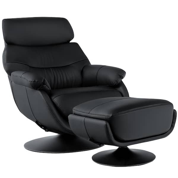 Costway Black Leather Top Grain Leather Swivel Rocking Chair and Ottoman Set