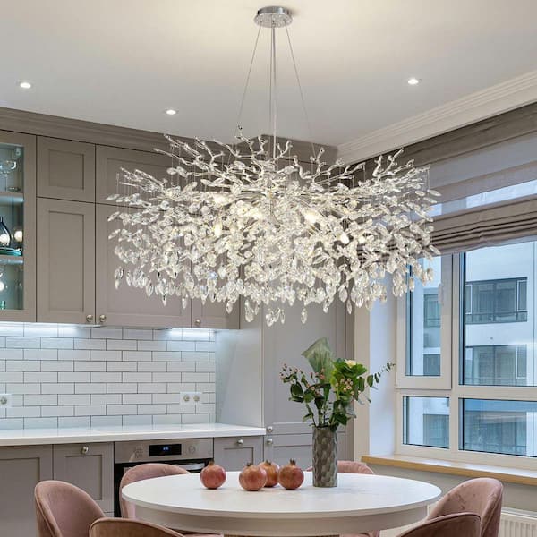 PUYRNF 40 in. 14-Light Dimmable Silver Tree Branch Chandelier