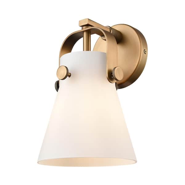 Pilaster II Cone 6.5 in. 1-Light Brushed Brass Wall Sconce with Glass Shade