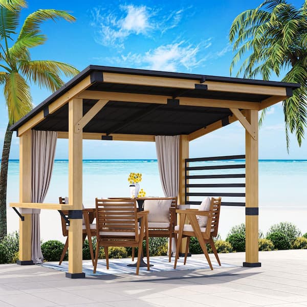 11 ft. x 10 ft. Upgraded Solid Cedar Wood Outdoor Patio Gazebo with Hardtop Galvanized Steel Roof and Privacy Curtain