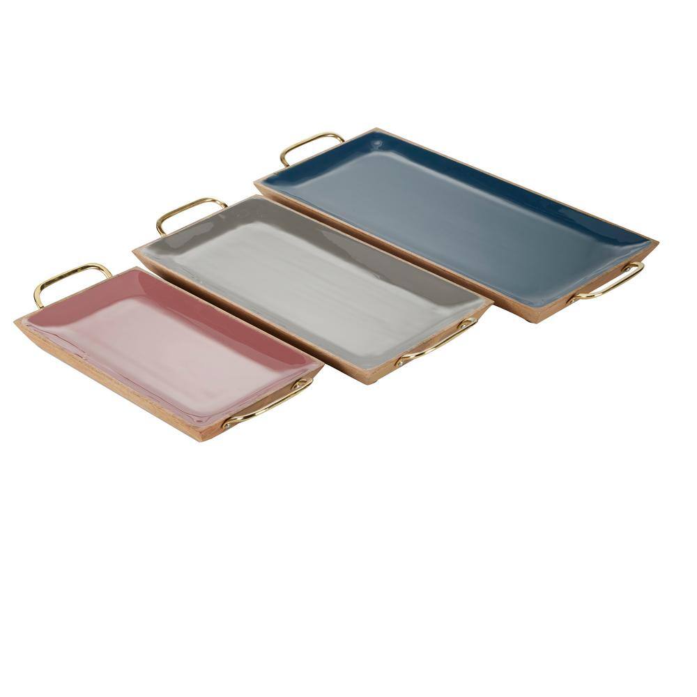 Multi Colored Enamel and Mango Wood Rectangular Tray Set