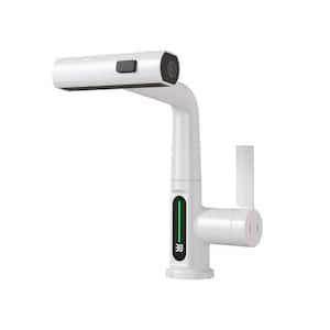 Pull-Out LED Temperature Digital Display Single Handle Single Hole Bathroom Faucet with Adjustable Height in White